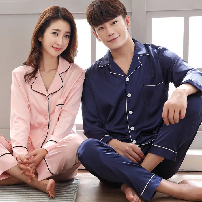 Elegant Silk Satin Couples Pajama Set: Long Sleeve Matching Sleepwear for Home